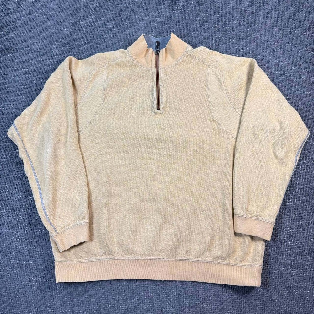 Tommy Bahama 1/4 Zip reversible Pullover Mens Medium Yellow Waffle Knit Sweater